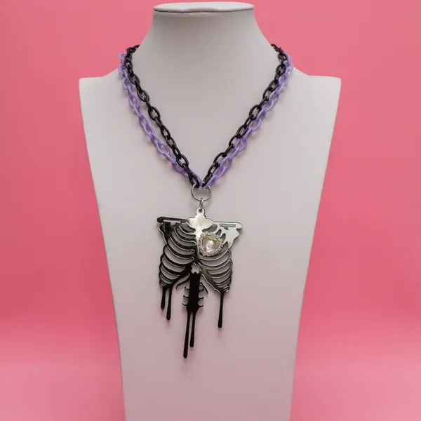 Ribcage Necklace, Pastel Goth Necklace, Ribcage Pendant, Purple Necklace, Gothic Necklace, Heart Necklace, Black and Purple Necklace - 10159