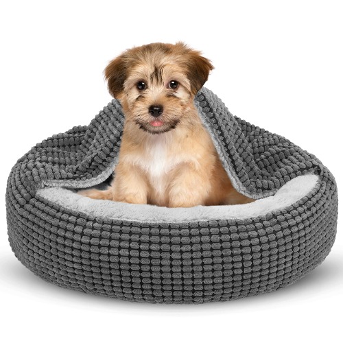 Siwa Mary Small Dog Bed with Blanket Attached, 23/26 Inch Cozy Donut Cuddler Anti-Anxiety Hooded Pet Bed Calming Cave Bed. Orthopedic Round Puppy Beds for Small Dogs or Cats Washable, Anti-Slip Bottom - S （23''x23''x6'') Grey