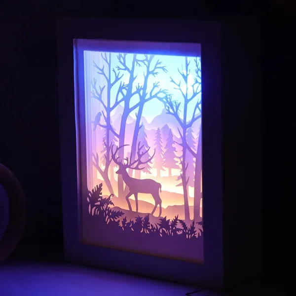 Uonlytech Forest Deer Papercut Light Box Decorative 3D Shadow Light LED Lamp Night Light for Christmas Gift - 