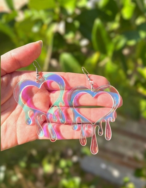 Melting Heart/ Hollow Heart Earrings/ Trippy Iridescent Earrings/ Unique Lightweight Earrings/ Neon Pink Heart Earrings