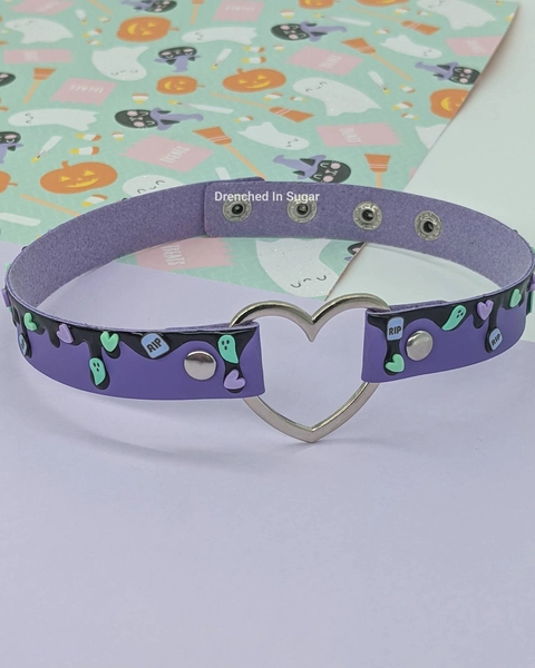 Pastel Purple Green Ghost Choker Necklace, Cute Spooky Collar Choker, Faux Leather Heart Choker, Pastel Halloween Necklace