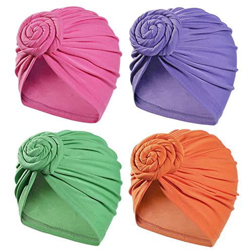 Stretch Turban Hats for Women - African Knot Headwraps Soft Pre Tied Bonnet Hair wrap Pretied for Black Women - Color Set 4