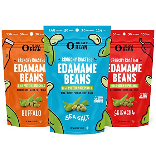 The Only Bean Crunchy Dry Roasted Edamame Beans (Variety Pack), Low Carb Keto Healthy Snacks For Adults and Kids, Low Calorie Snack, Fiber Protein Snacks, Snack for Weight Loss Diabetic, 4 oz (3 Pack) - # Variety (Sea Salt, Sriracha, Buffalo)