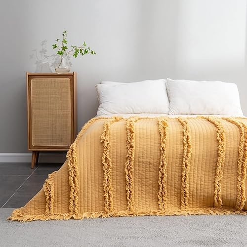 Ultra Soft Pre-Washed Quilted Boho Yellow King Size Blankets for Bed, Ruffle Fringed Decorative Throw, Stone Washed Chic Rustic Blanket for Sofa Couch Bed, 104"*90" - Yellow - 104"x90"