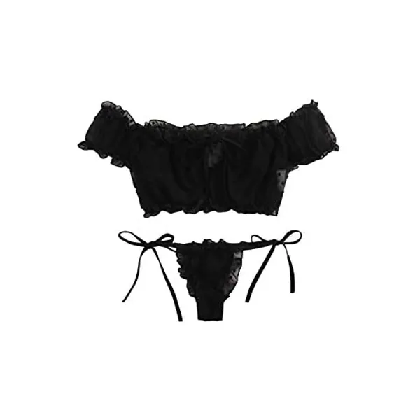 SheIn Women's Self Tie Ruffle Trim Dobby Mesh Lingerie Set Sexy Bra and Panty