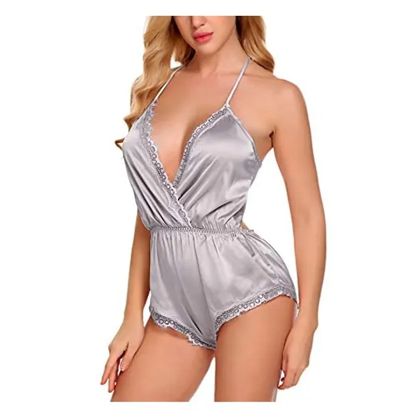 ADOME Women Lingerie Bodysuit V Neck Teddy Lace Babydoll Satin Pajamas Nightwear