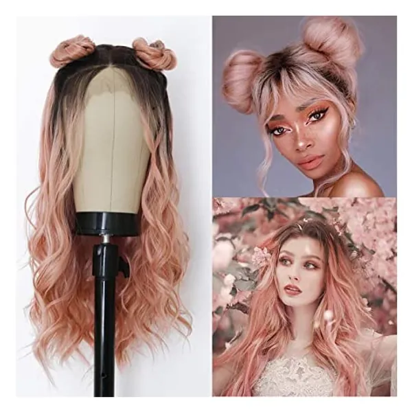 Friya Hair Dark Rooted Ombre Pink 2 Tone color Lace Front Wigs Long Deep Curly Loose Wave Wig Synthetic Heat Resistant Fiber Hair Glueless lace Wig With Baby Hair Natural Hairline for Women 24 Inch