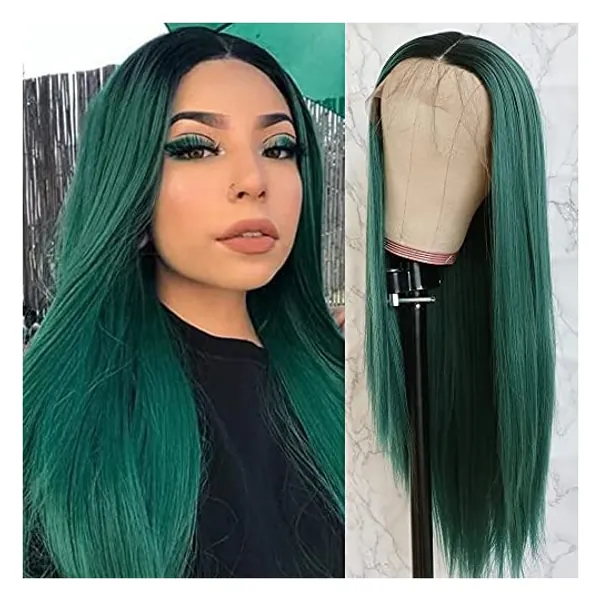 QD-Tizer Lace Front Wigs, Long Straight Hair Ombre Green Wig Glueless Heat Resistant Fiber Hair Synthetic Lace Front Wigs for Fashion Women