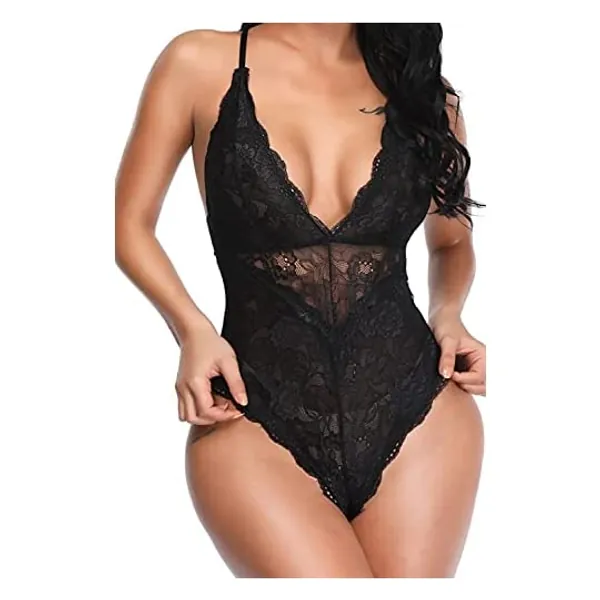 Aranmei Women Deep V Sexy Lace Bodysuit Snap Crotch Lingerie Teddy Underwear