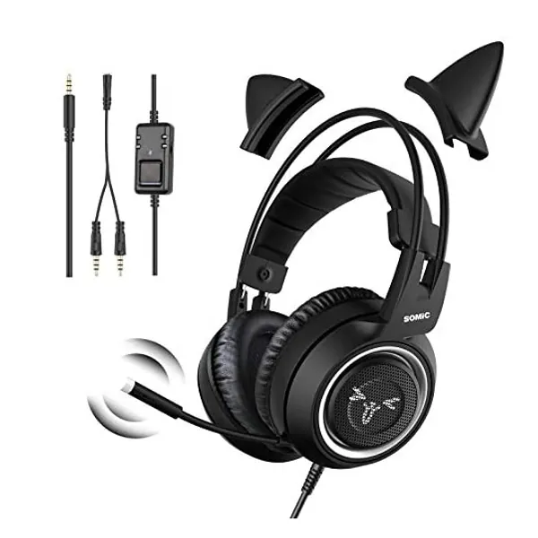 SOMIC Stereo Gaming Headset with Mic for PS4, PS5, Xbox One, PC, Mobile Phone, 3.5MM Sound Detachable Cat Ear Headphones Lightweight Self-Adjusting Over Ear Office Headphones G951S Black