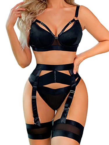 Garter Lingerie for Women,Sexy Lace Lingerie,Sheer Matching 4 Piece Lingerie Set - 8-10 - Black