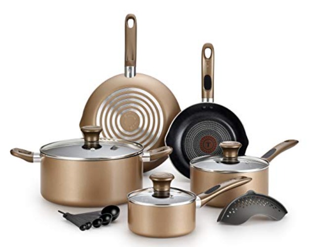 T-fal Excite ProGlide Nonstick Thermo-Spot Heat Indicator Dishwasher Oven Safe Cookware Set, 14-Piece, Blue - Bronze - Cookware Set