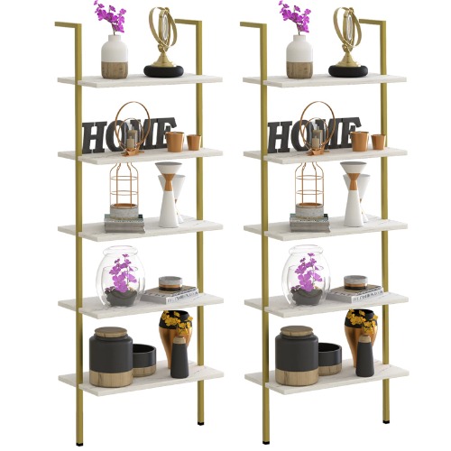 Wolawu 5 Tiers Ladder Shelf White Marble Modern Bookshelf Open Tall Wall Mount Bookcase Standing Leaning Wall Shelves Industrial Decorative - 5-tiers White 2 PCS