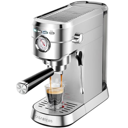 CASABREWS Espresso Machine 20 Bar, Professional Espresso Maker with Milk Frother Steam Wand, Compact Coffee Machine with 34oz Removable Water Tank for Cappuccino, Latte, Gift for Dad or Mom - A-Silver - Button