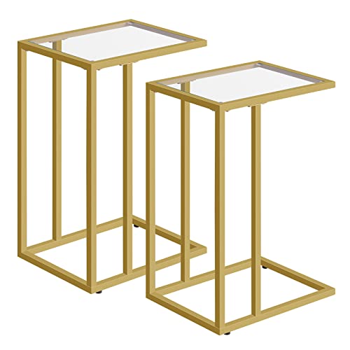 HOOBRO C Shaped End Table, Tempered Glass Snack Side Table with Metal Frame, TV Tray Table for Small Space, Sofa Couch and Bed, Modern Style, Black BK03SF01 - 2 - Gold