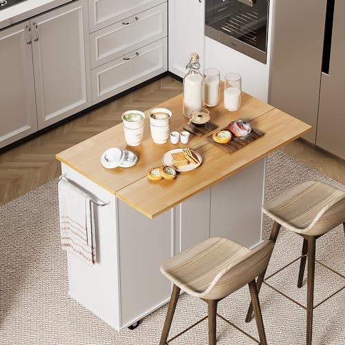 Shintenchi Rolling Kitchen Island Cart with Folding Drop Leaf Breakfast Bar, Portable Trolley Island with Large Storage Cabinet, Shelf and Drawer, White - White - 1 Cabinet + 3 Drawers