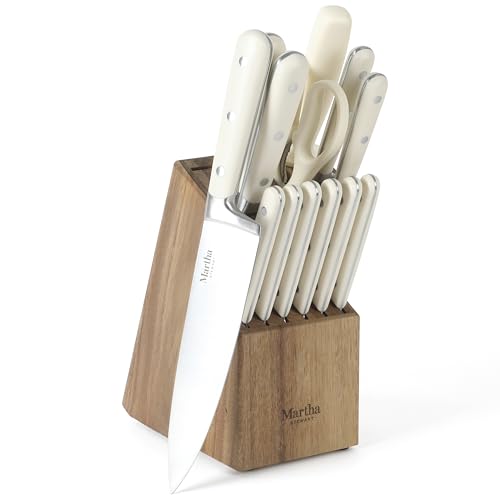 MARTHA STEWART Eastwalk 14 Piece High Carbon Stainless Steel Cutlery Knife Block Set w/ABS Triple Riveted Forged Handle Acacia Wood Block - Linen White - Linen