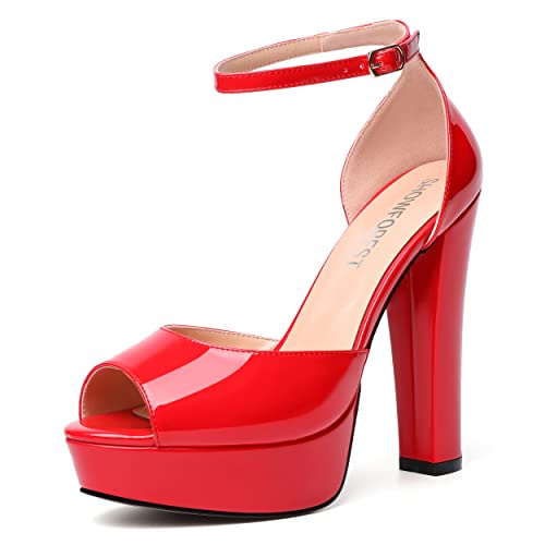 SHOWFOREST Womens Platform Patent Ankle Strap Sexy Buckle Peep Toe Night Club Block High Heel Pumps Shoes 5 Inch - 7 - Red