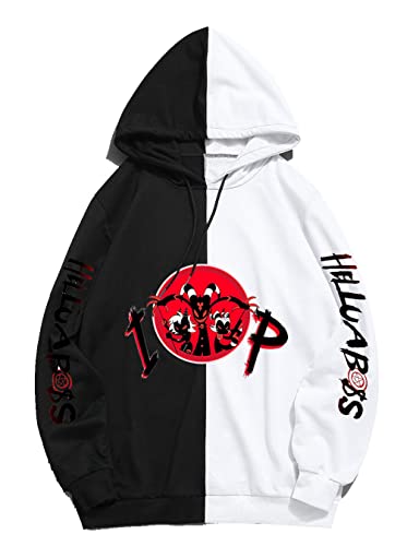 Iuene Unisex Hazbin Hotel Cosplay Color Matching Hoodie Hooded Pullover Sweatshirt Alastor Shirt Helluva Boss Coat Jacket - Medium - Black-2