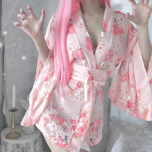 Cherry Blossom Printed Kimono Robe Dress Lingerie for Girly Vixens
