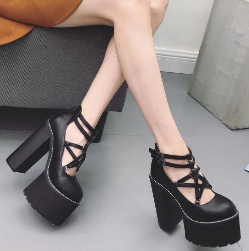 'Shadows' Black Gothic Chunky Shoes - black shoes / 7