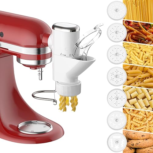 Gourmet Pasta Press Attachment for KitchenAid Stand Mixers, Pasta Press Maker for KitchenAid with 7 Interchangeable Pasta Plates (Spaghetti Bucatini Rigatoni Fusilli Large/Small Macaroni Cookies） - Pasta Press Attachment