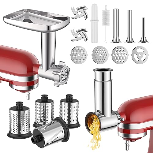 Meat Grinder & Stainless Steel Slicer Shredder Attachment for KitchenAid Stand Mixer, Includes Metal Food Grinder Attachment with Sausage Stuffer Tubes and Salad Machine Accessory by InnoMoon