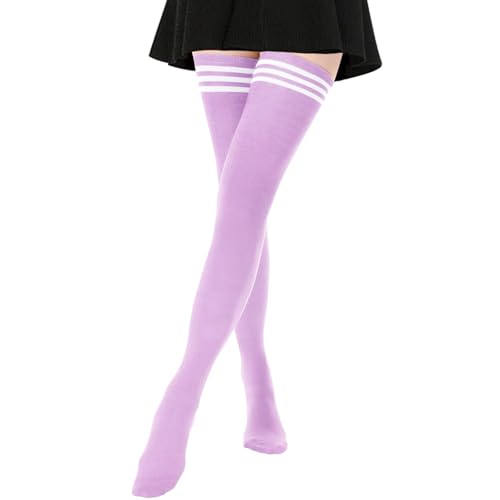 AQOKKA Extra Long Thigh High Socks Long Boot Thigh High Stockings Striped Over Knee High Socks for Women Girls Leg Warmers - Extra Long Size - 1 Pair Extra Long: Light Purple With White Stripe