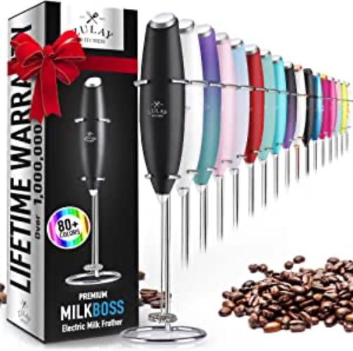 Zulay Powerful Milk Frother Handheld Foam Maker for Lattes - Whisk Drink Mixer for Coffee, Mini Foamer for Cappuccino, Frappe, Matcha, Hot Chocolate by Milk Boss (Black) - Titanium - Long Lasting Motor - 12,500 RPM Midnight Black