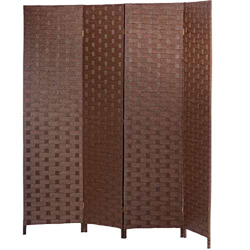 FDW Room Divider 4 Panel Wood mesh Woven Design Room Screen Divider Wooden Screen Folding Portable partition Screen Screen Wood for Home - 4 Panel - Brown