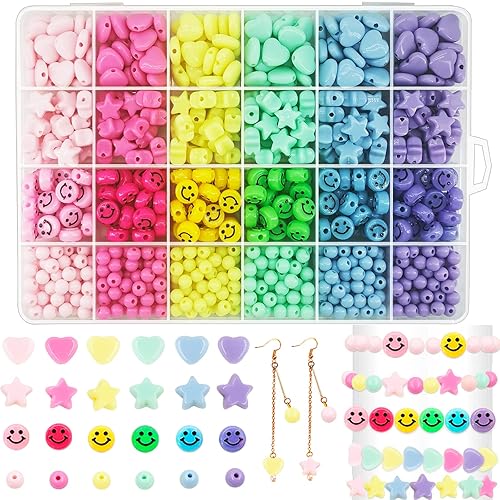 900Pcs Candy Color Acrylic Heart Beads Star Beads Happy Face Bead Assorted Plastic Pastel Beads Cute Beads Circle Loose Spacer Beads Bulk for Bracelets Jewelry Making DIY Crafts Necklace Phone Charm - Candy Smile Face Bead