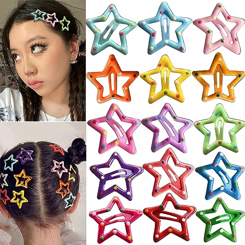 15 PCS Metal Hair Barrettes - Non-Slip 1.22" Star Snap Hair Clips for Girls, Women, and Children - Multicolor Hair Accessories - Spotted color 1.22"(15PCS)