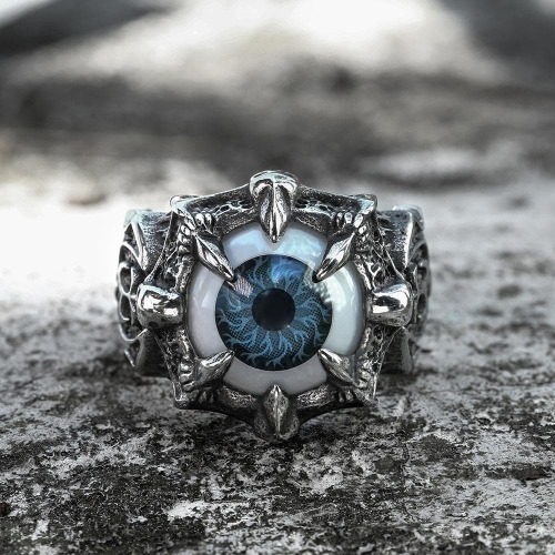 Greek Evil Eye Stainless Steel Biker Ring - Gray / 7