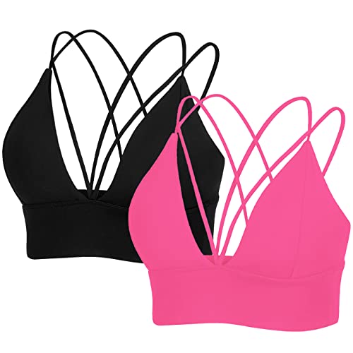 MotoRun Padded Strappy Sports Bras for Women Criss Cross Back Medium Support Workout Running Yoga Bra 008-black&hot Pink