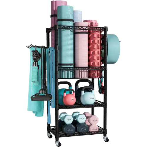 FUTASSI Yoga Mat Storage, 3-Tier Home Gym Storage, Workout Equipment Holder with Wheels for Yoga Strap, Foam Roller, Small Dumbbells, Kettlebells, 28.3"W x 11.8"D x 47.4"H, Weight Hold 300 LBS, Black
