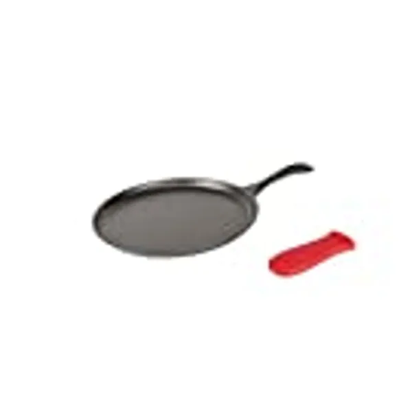 Lodge Cast Iron Round Griddle with Red Silicone Hot Handle Holder, 10.5-inch