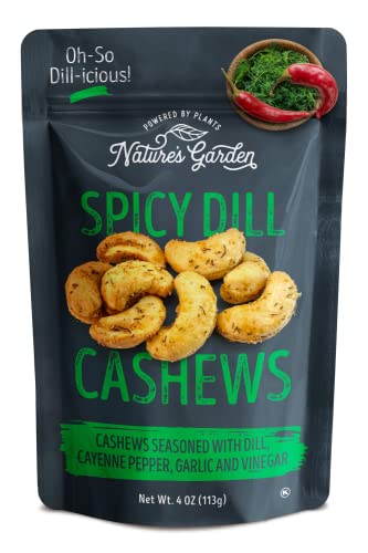Nature's Garden Spicy Dill Cashews, 4 oz (Pack of 6) - Cashew Seasoned With Dill, Crunchy Snacks, Flavored Nuts Snack Pack, Roasted Gluten Free Cashews, Healthy Snacks for Adults - Spicy Dill