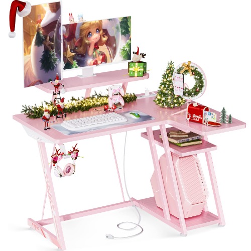 MOTPK Gaming Desk L Shaped, Small Corner Desk with Storage Shelf & Power Outlets, Computer Desk with Monitor Shelf, L Shaped Desk with Carbon Fiber Surface, Gamer Desk Gaming Table, Pink, 39 Inch - 39 Inch Piggy Pink
