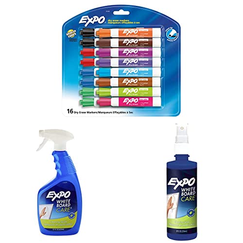 EXPO Low Odor Dry Erase Markers, Chisel Tip, Assorted Colors, 16 Pack & Dry Erase Whiteboard Cleaning Spray, 22 oz & Dry Erase Whiteboard Cleaning Spray, 8 oz.