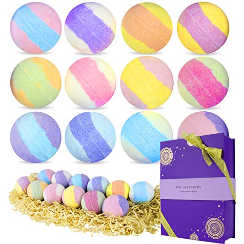 Bath Bombs for Women, 12 x 3.2oz Spa Luxetique Fizzies Bubble Bath Bombs Kit, Natural Shea & Coco Butter Dry Skin Moisturize, Vegan Gift Idea for Birthday Valentine's Day, Best Gift Set for Women, Mom, Her, Kids - blue, pink, purple, orange, green