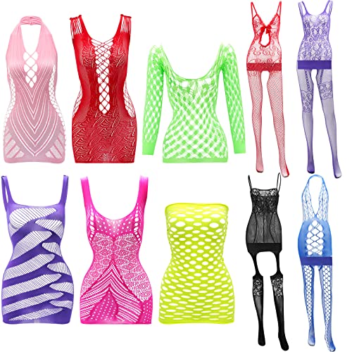 10 Pieces Women's Fishnet Lingerie Body Stocking Bodysuits Lingerie Fishnet Dress for Women - Bright Color