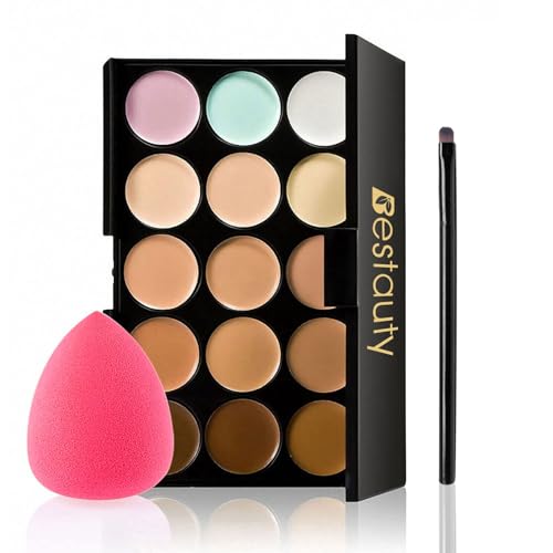 Color Correcting Concealer Palette, Bestauty 15 Colors Multi-Use Concealer Highlighting Makeup Kit with Sponge Puff Oval & Makeup Brush - 15 Colors cream concealer