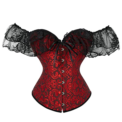 SHYMMUO Women Corset Top with Lace Sleeve Lace Up Sexy Bustier Lingerie Waist Trainer Costume Tops - Large - Black/Red