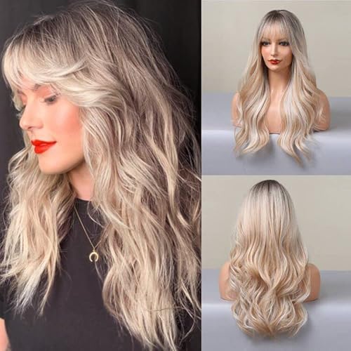Long Blonde Highlight Wigs, Blonde Curly Wavy Wigs for Women, Honey Blonde Mixed Platinum Blonde Natural Looking Synthetic Wig with Bangs, Hair Replacement Colored Wigs for Daily Cosplay Party Halloween Costume 24 inches - Honey Blonde Mixed Platinum Blonde