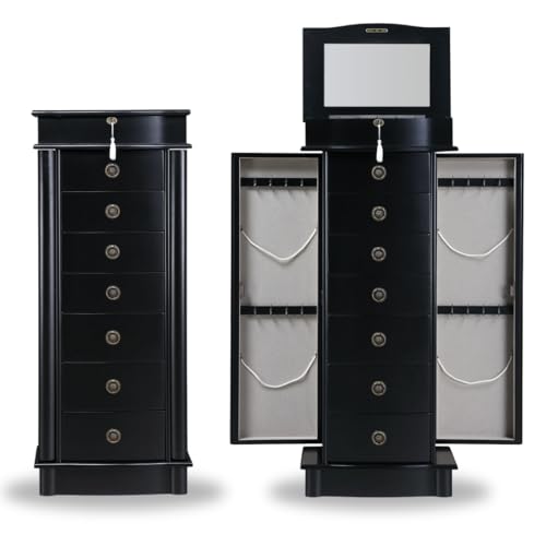 Hives and Honey Noelle Jewelry Armoire, Locking Storage Organizer with 7 Drawers and 2 Doors Featuring Necklace Hooks, Black - Black