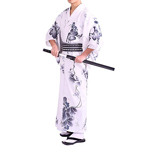 HongH Men's Japanese Traditional Kimono Robe Long Sleeve Spa Bathrobe Yukata Nightgown Obi Belt Set - Length 57" - 324# White