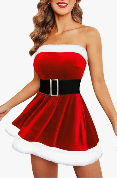 Avidlove Christmas Dress Santa Clause Outfit Mini Dress Casual Swing Dress with Santa Belt - Green - Small