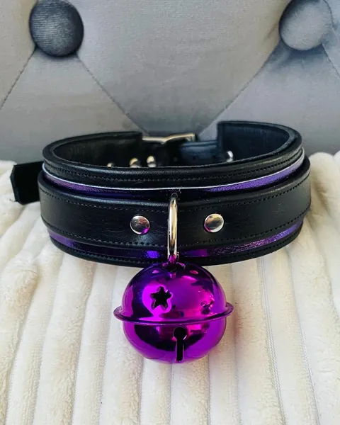 Mystical Kitty leather collar with purple bell by LoquaciousLeatherCo