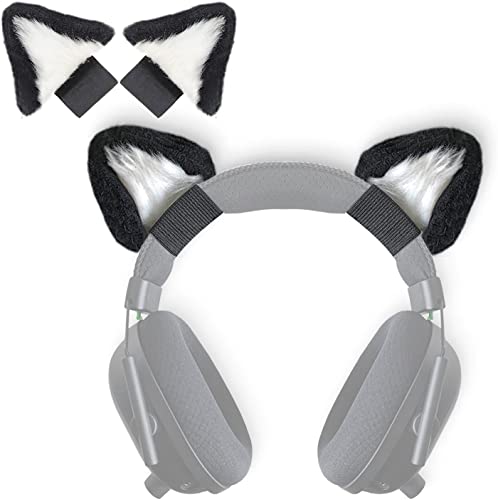 Cute Cat Ears Headphone Attachment,Adjustable Design Fit for Logitech G PRO HypreX Cloud/Cloud Flight Headphones and More,Cosplay Kitten Ears,(Headphones not Included), Black & White - Black & White