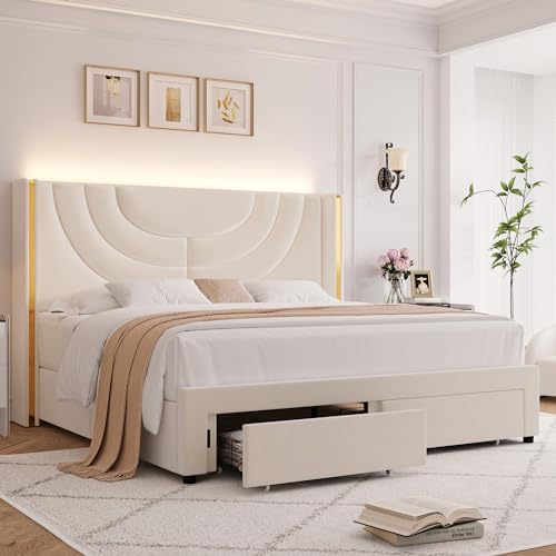HITHOS Queen Upholstered LED Bed Frame with 2 Storage Drawers, Velvet Platform Bed with Wingback Headboard, Solid Wooden Slats Support, No Box Spring Needed, Headboard Splicing Design, Beige - Queen - Beige